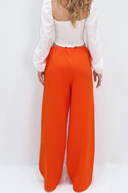 Turuncu Çift Cepli Beli Lastikli Keten Geniş Paça Pantolon