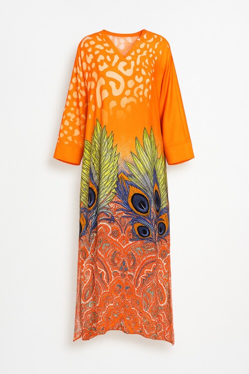 Turuncu Hakim Yaka Yarasa Kol Desenli Maxi Boy Yanları Yırtmaçlı Dokuma Elbise