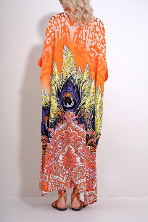 Turuncu Hakim Yaka Yarasa Kol Desenli Maxi Boy Yanları Yırtmaçlı Dokuma Elbise