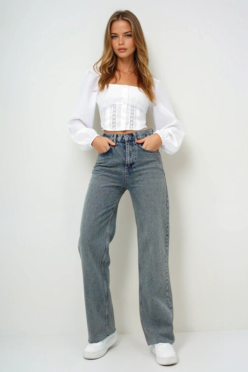 Vintage Mavi Yüksek Bel Yıkamalı Paçası Püsküllü Palazzo Jean Pantolon