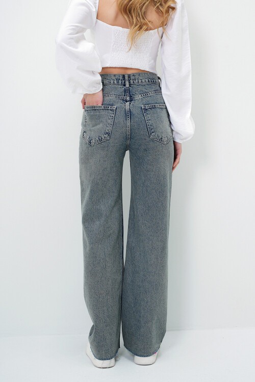 Vintage Mavi Yüksek Bel Yıkamalı Paçası Püsküllü Palazzo Jean Pantolon