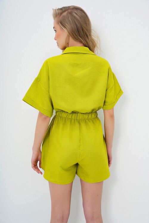 Yağ Yeşili Gömlek Yaka Çift Cepli Şort Tulum