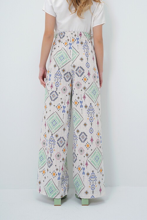 Yeşil Etnik Desenli Beli Lastikli Keten Pantolon