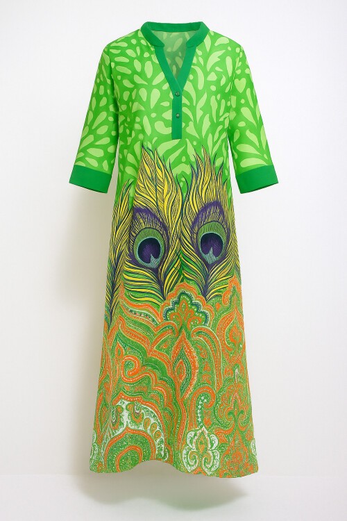 Yeşil Hakim Yaka Yarasa Kol Desenli Maxi Boy Yanları Yırtmaçlı Dokuma Elbise