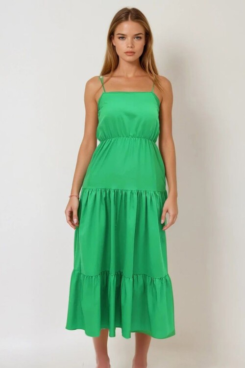 Yeşil Kat Kat Volanlı Askılı Boncuk Aksesuarlı Midiboy Elbise
