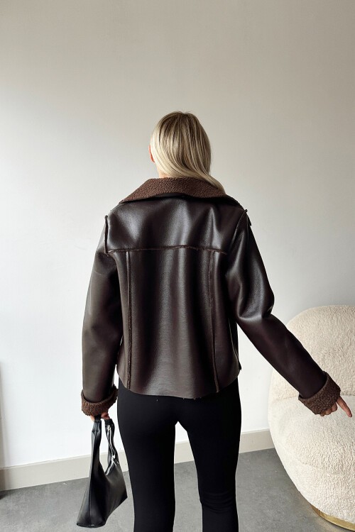 Acı Kahve Çift Cepli İçi Suni Kürklü Suni Deri Biker Ceket