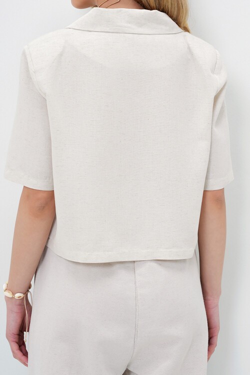 Açık Bej Tek Düğme Kısa Kollu Keten Yazlık Crop Ceket