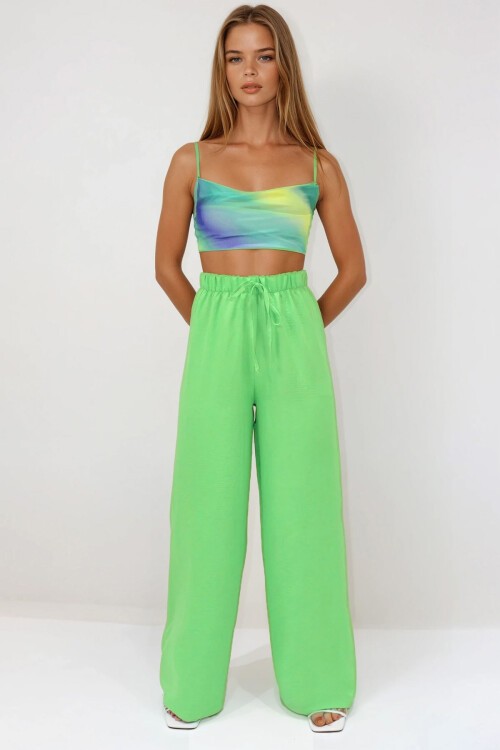 Açık Yeşil Bağcıklı Beli Lastikli Aerobin Palazzo Pantolon