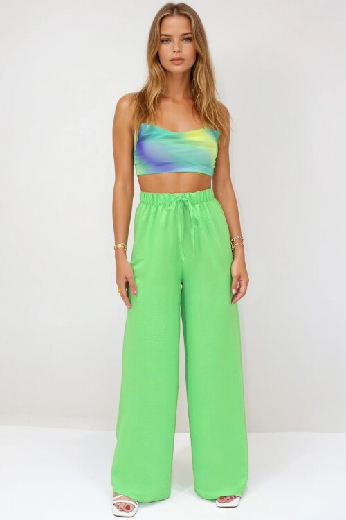 Açık Yeşil Bağcıklı Beli Lastikli Aerobin Palazzo Pantolon