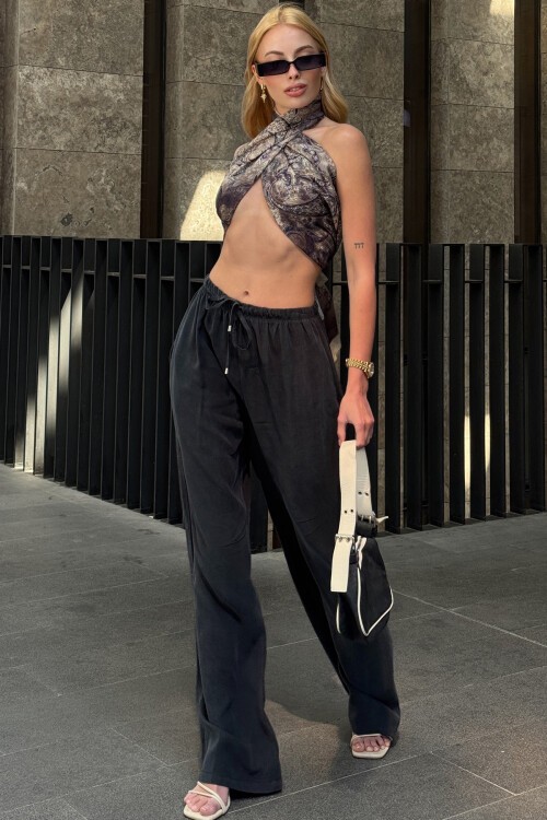 Antrasit Beli Lastikli Palazzo Keten Pantolon