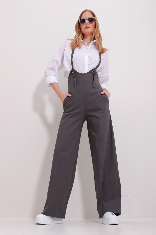 Antrasit Çift Cepli Askılı Likralı Salopet Tulum