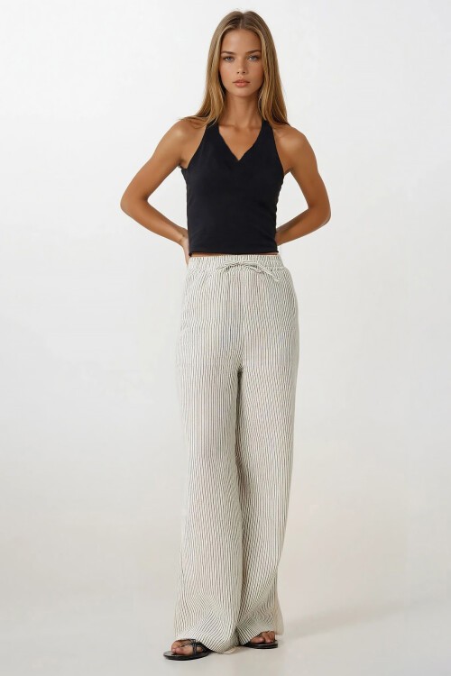 Antrasit Çift Cepli Çizgili Müslin Palazzo Pantolon