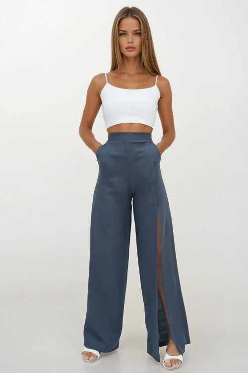 Antrasit Yırtmaç Detaylı Çift Cepli Beli Lastikli Müslin Palazzo Pantolon