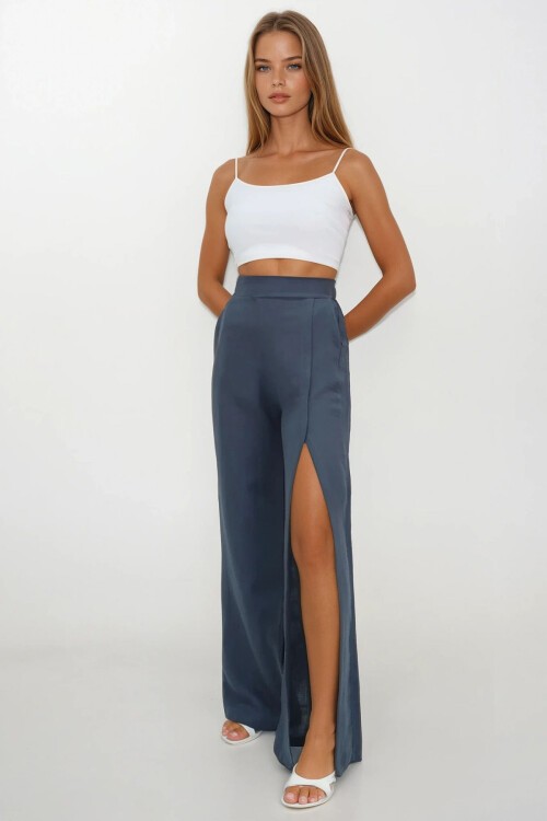 Antrasit Yırtmaç Detaylı Çift Cepli Beli Lastikli Müslin Palazzo Pantolon