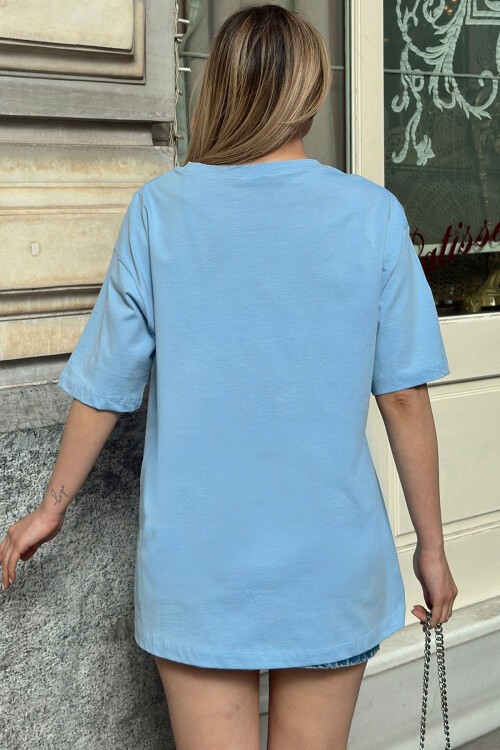 Bebe Mavi Bisiklet Yaka Oversize İnci Ve Taş İşlemeli T-Shirt