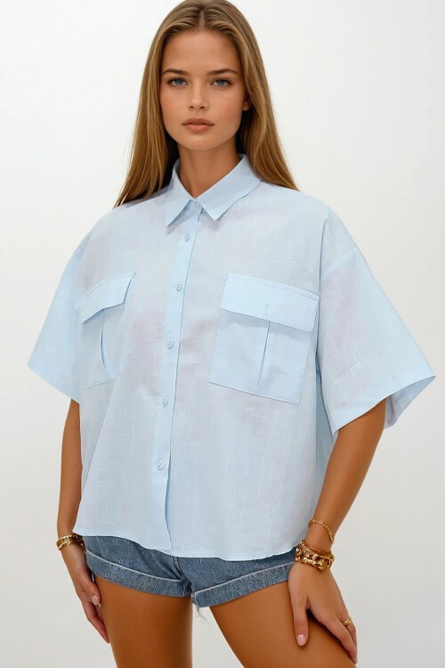 Bebe Mavi Çift Cepli Yarım Kol Keten Gömlek