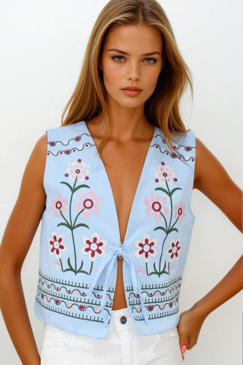 Bebe Mavi Nakışlı Bağcık Detaylı Tasarım Ham Keten Yelek