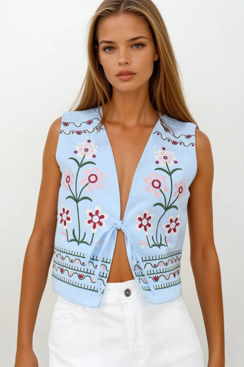 Bebe Mavi Nakışlı Bağcık Detaylı Tasarım Ham Keten Yelek