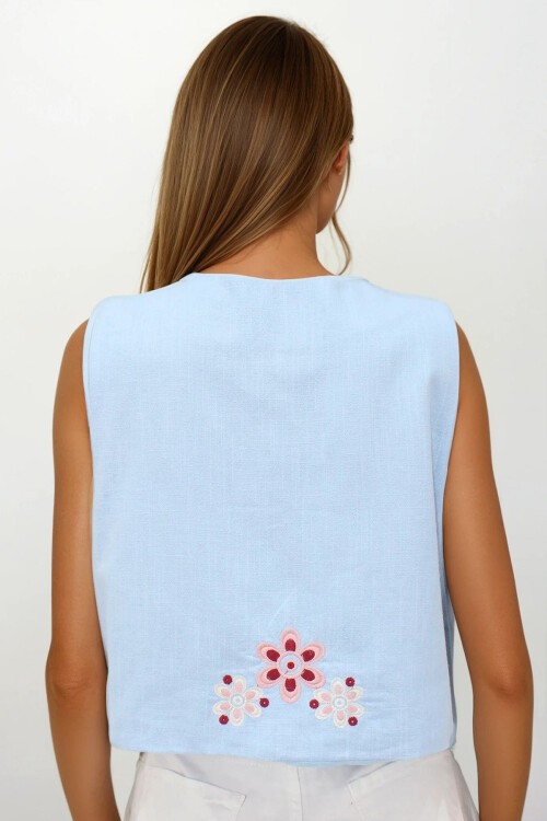 Bebe Mavi Nakışlı Bağcık Detaylı Tasarım Ham Keten Yelek