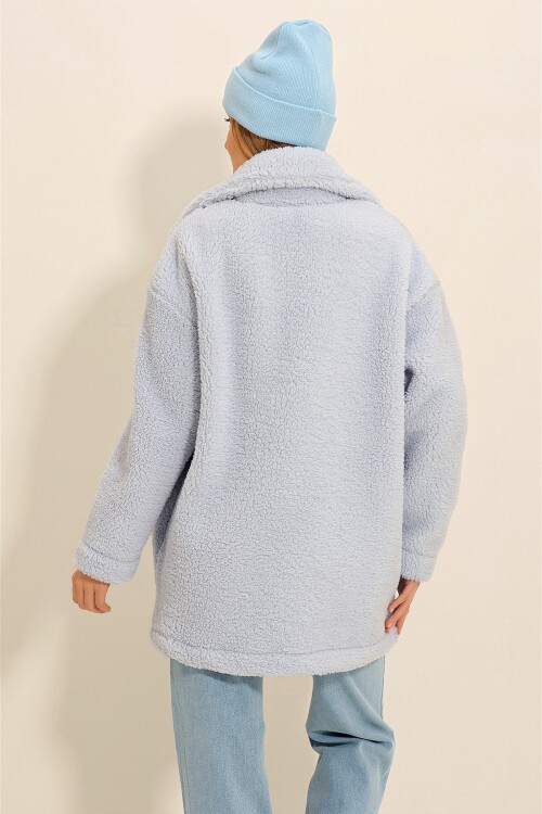 Bebe Mavi Polo Yaka Çift Cepli Önü Düğmeli Peluş Kaban