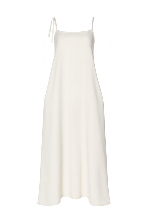 Bej Ayarlanabilir Askılı Desenli Çift Cepli Midi Boy Keten Elbise