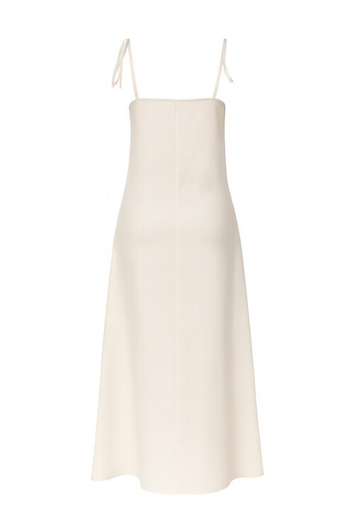 Bej Ayarlanabilir Askılı Desenli Çift Cepli Midi Boy Keten Elbise