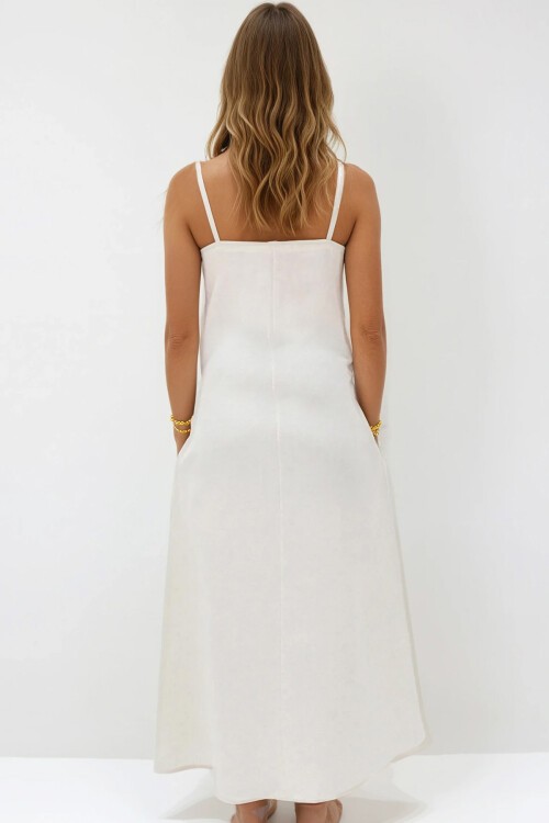 Bej Ayarlanabilir Askılı Desenli Çift Cepli Midi Boy Keten Elbise