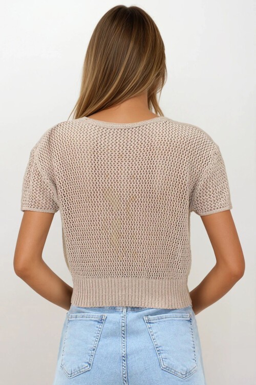 Bej Beli Gipeli Ajurlu Crop Bluz