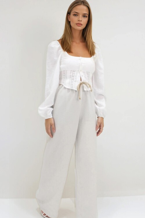 Bej Beli Lastikli Bağcıklı Keten Palazzo Pantolon