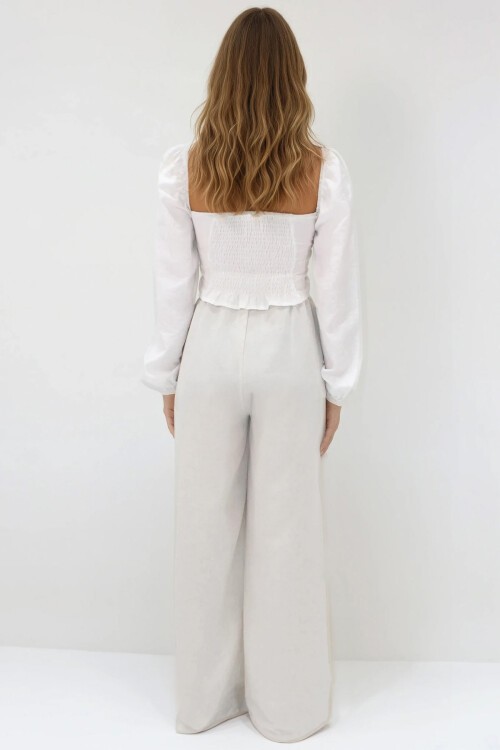Bej Beli Lastikli Bağcıklı Keten Palazzo Pantolon