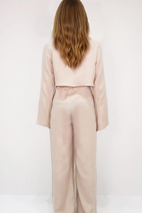 Bej Beli Lastikli Çift Cepli Yırtmaç Detaylı Pantolon Ve Bağlama Detaylı Crop Bluz Müslin Takım