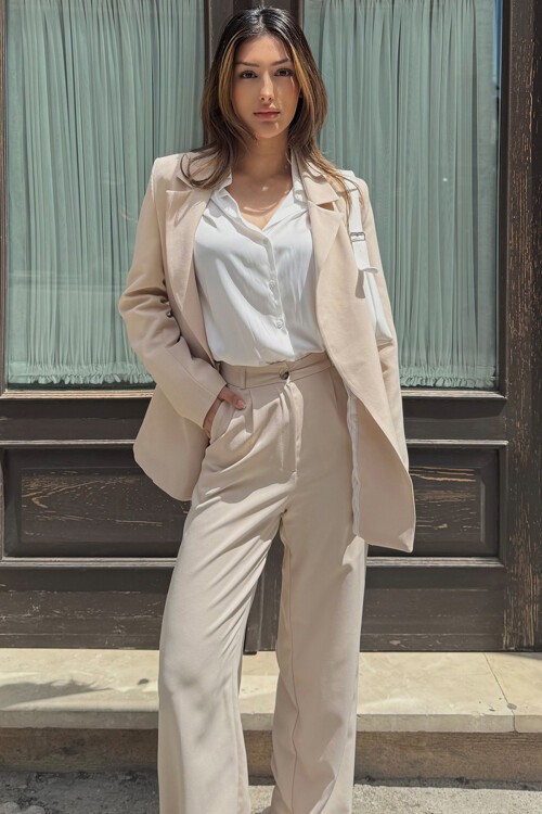 Bej Blazer Ceket Ve Pantolon Takım