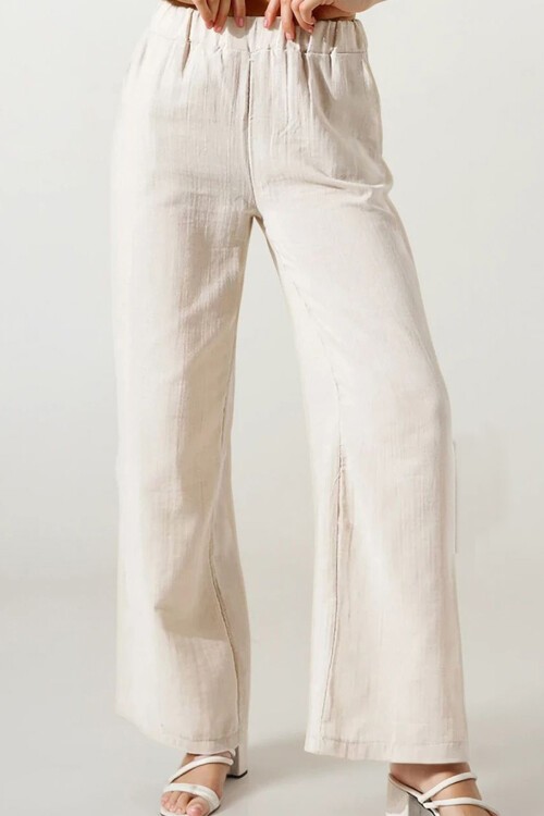 Bej Çift Cepli Beli Lastikli Müslin Palazzo Pantolon