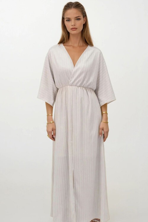 Bej Derin V Yaka Beli Lastikli Çizgili Elbise