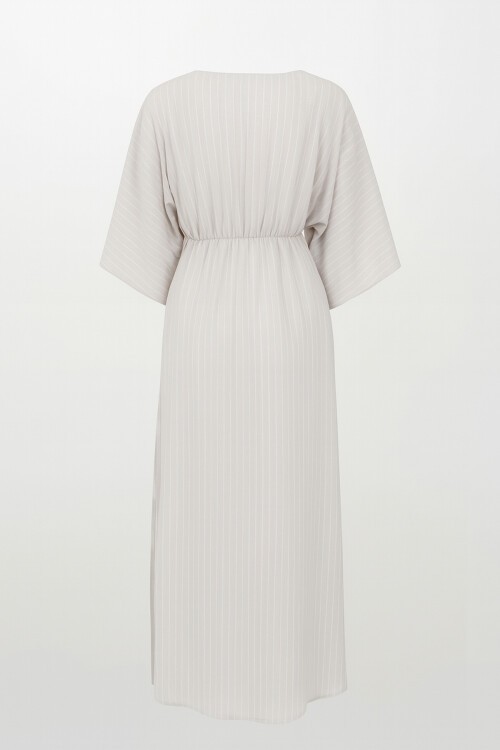 Bej Derin V Yaka Beli Lastikli Çizgili Elbise