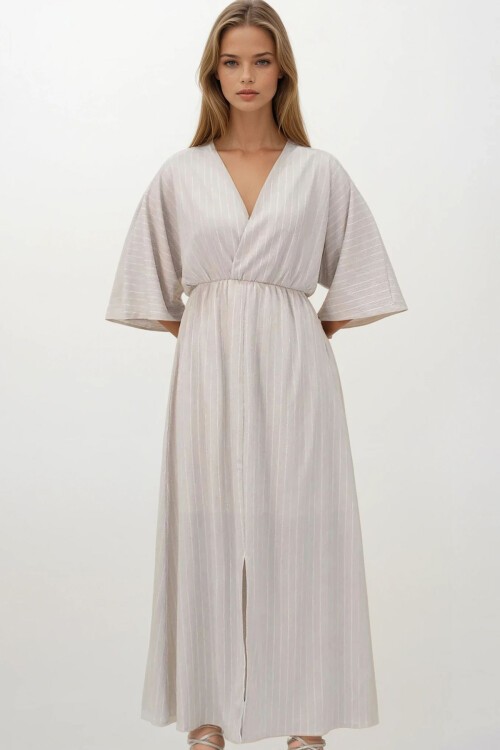 Bej Derin V Yaka Beli Lastikli Çizgili Elbise