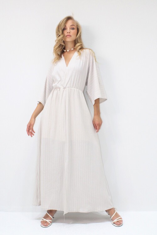 Bej Derin V Yaka Beli Lastikli Çizgili Elbise