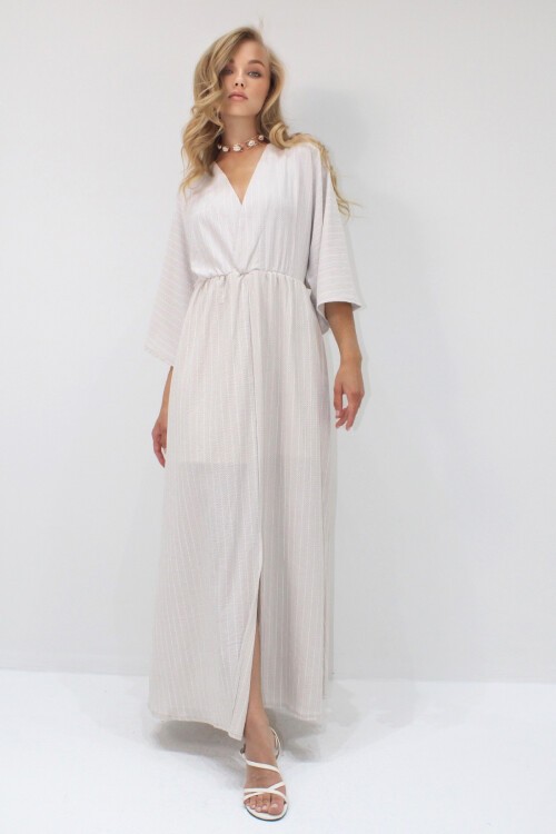 Bej Derin V Yaka Beli Lastikli Çizgili Elbise