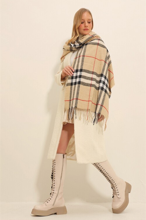 Bej Ekose Desenli Şal