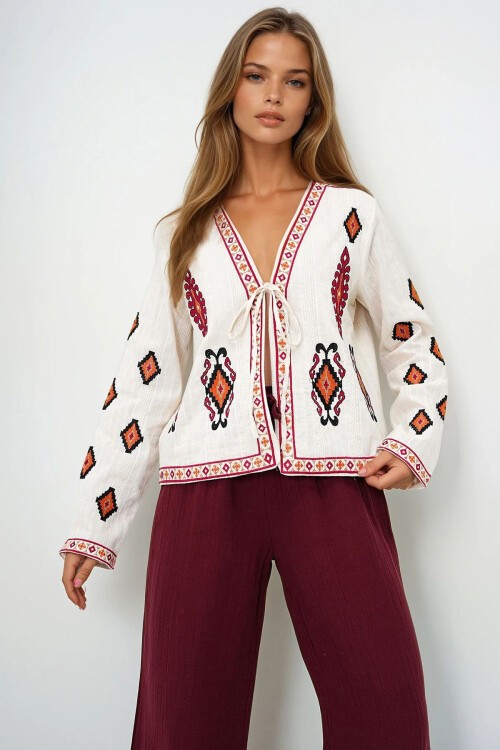 Bej Etnik Desenli Önden Bağlamalı Yazlık Keten Ceket