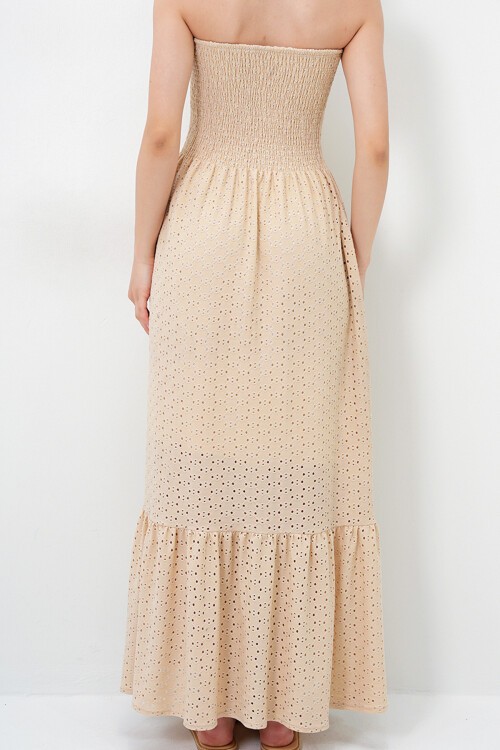 Bej Gipeli İçi Astarlı Güpür Straplez Elbise