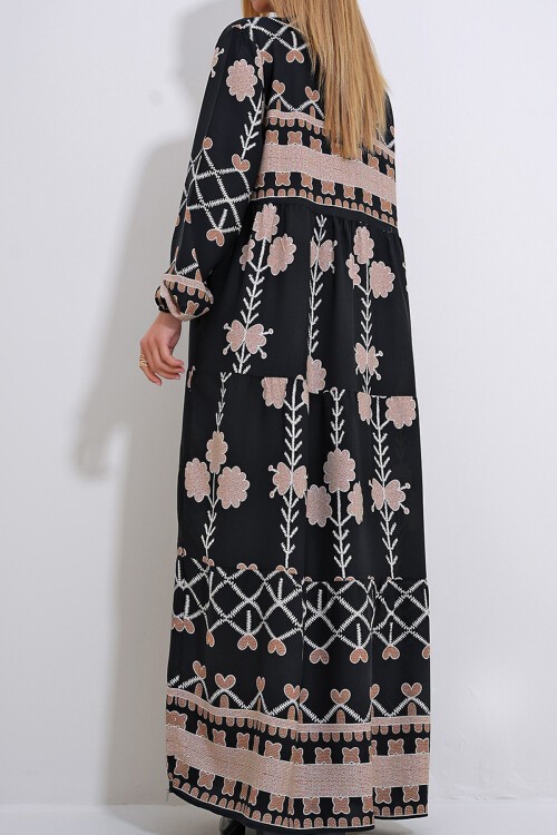 Bej Hakim Yaka Önü Düğmeli Desenli Dokuma Viskon Tesettür Elbise