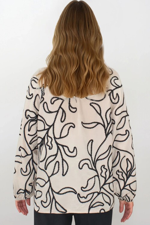 Bej Kordone Nakışlı Premium Dokuma Gömlek