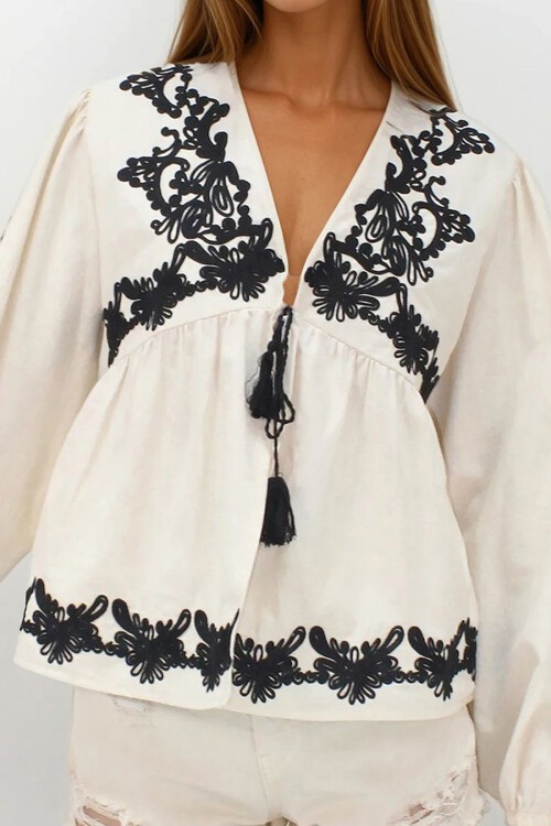 Bej Nakışlı Bağlama Detaylı Ham Keten Ceket