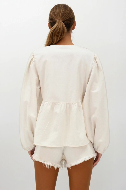 Bej Nakışlı Bağlama Detaylı Ham Keten Ceket