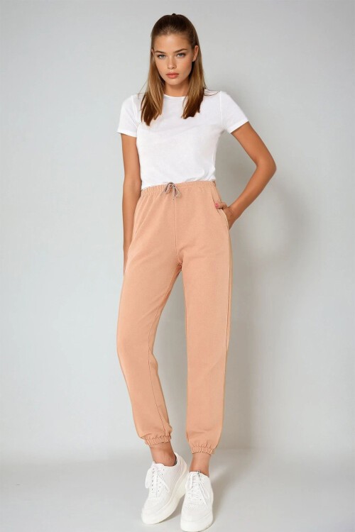 Bej Paçası Lastikli İki İplik Eşofman Altı