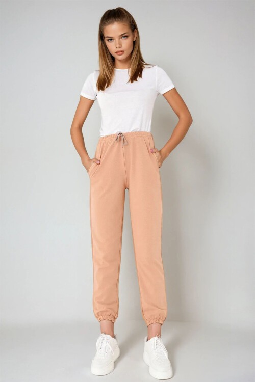 Bej Paçası Lastikli İki İplik Eşofman Altı