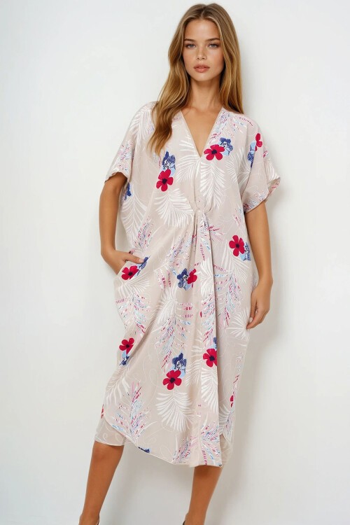 Bej V Yaka Desenli Yazlık Maxi Boy Dokuma Elbise