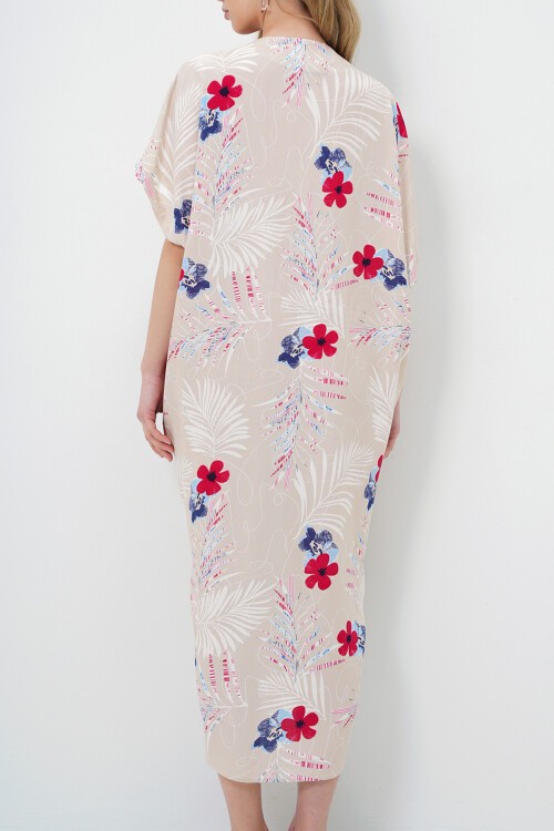 Bej V Yaka Desenli Yazlık Maxi Boy Dokuma Elbise