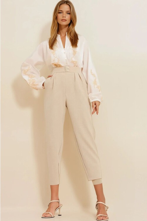 Bej Yüksek Bel Havuç Pantolon